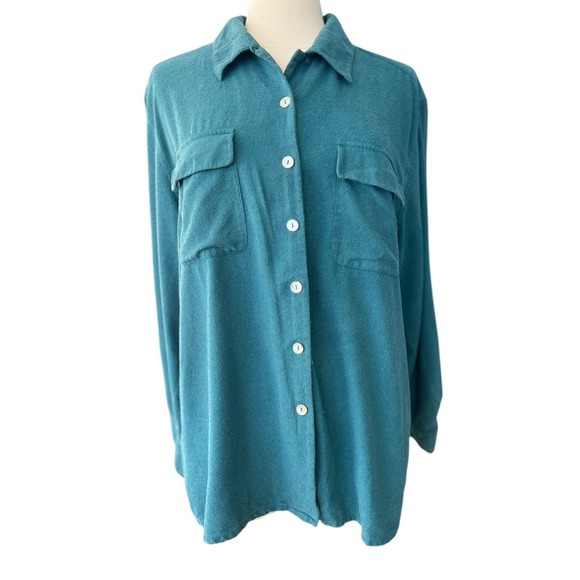 Park Central Tops - Vtg‎ Y2K Park Central Brushed Silk Button Up Roll Tab Teal Top Size XXL Safari